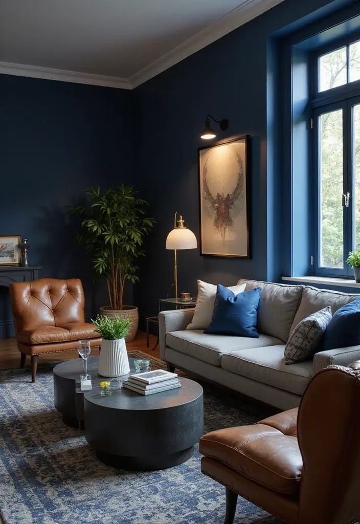 50 Navy Blue Living Room Ideas That Add Depth and Drama 43 50 Navy Blue Living Room Ideas That Add Depth and Drama - 39. Navy Blue for Accent Lighting