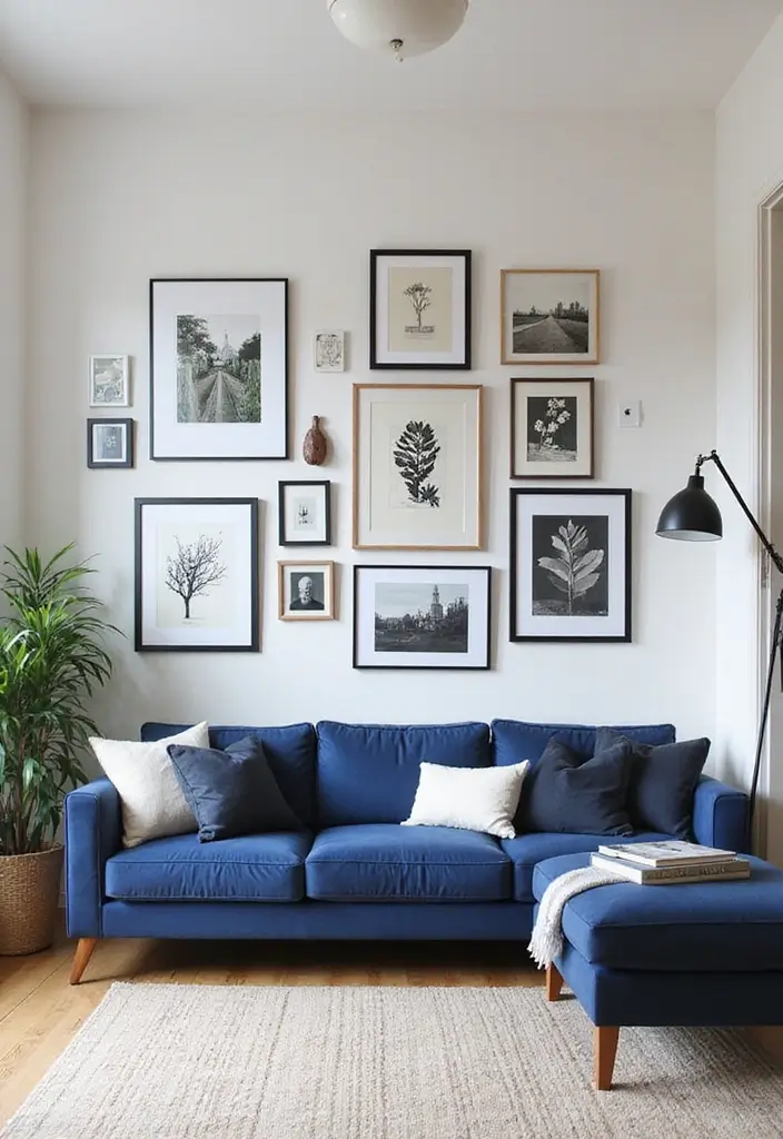 50 Navy Blue Living Room Ideas That Add Depth and Drama 46 50 Navy Blue Living Room Ideas That Add Depth and Drama - 42. Create a Fun Gallery Wall with Navy
