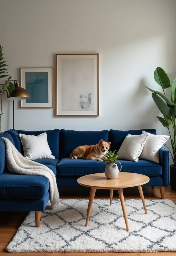 50 Navy Blue Living Room Ideas That Add Depth and Drama 47 50 Navy Blue Living Room Ideas That Add Depth and Drama - 43. Navy Blue for Pet-Friendly Living Rooms