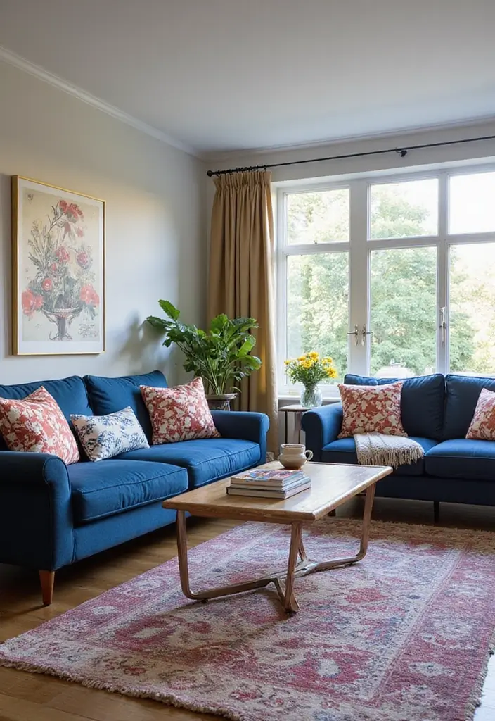 50 Navy Blue Living Room Ideas That Add Depth and Drama 49 50 Navy Blue Living Room Ideas That Add Depth and Drama - 45. Playful Patterns in Navy Textiles