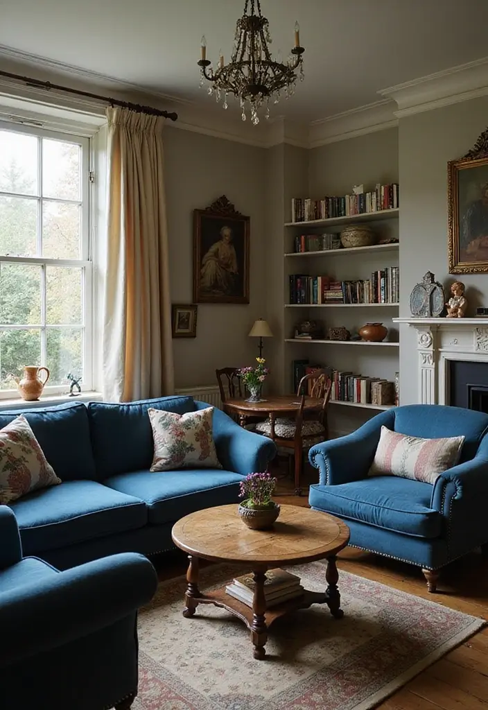 50 Navy Blue Living Room Ideas That Add Depth and Drama 5 50 Navy Blue Living Room Ideas That Add Depth and Drama - 5. Vintage Flair with Navy Blue