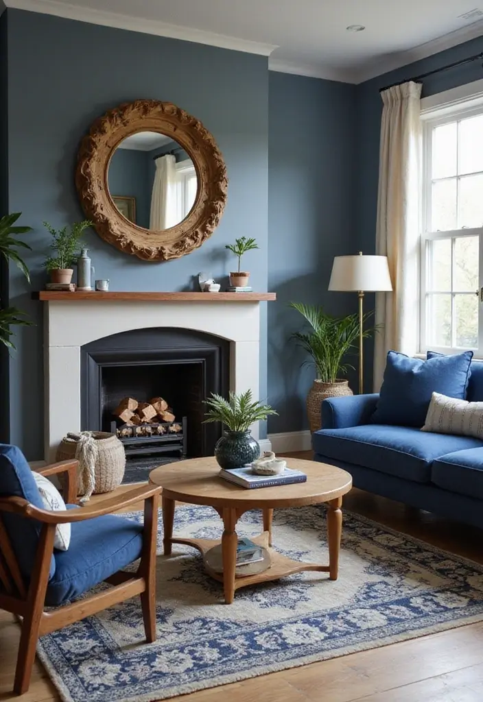50 Navy Blue Living Room Ideas That Add Depth and Drama 8 50 Navy Blue Living Room Ideas That Add Depth and Drama - 8. Navy Blue with Wood Elements