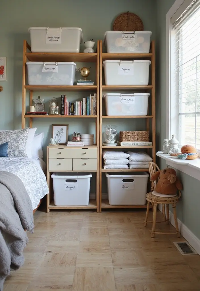 50 Shared Bedroom Ideas for Boys and Girls That Actually Work 48 50 Shared Bedroom Ideas for Boys and Girls That Actually Work - 44. Tags for Storage Bins