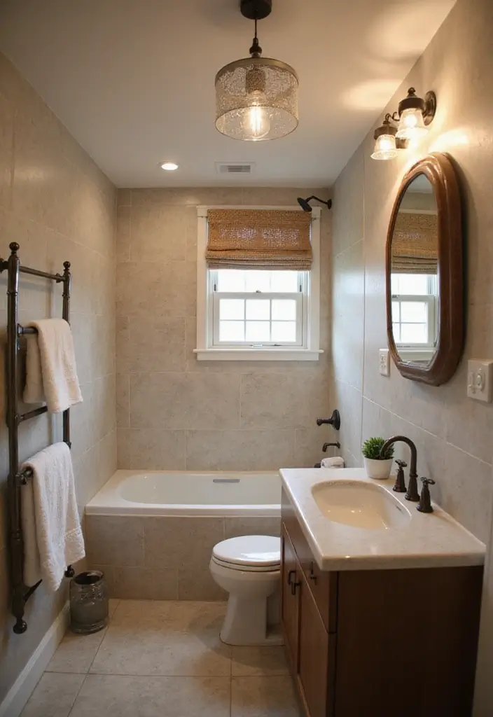 50 Small Bathroom with Tub Ideas That Save Space in Style 37 50 Small Bathroom with Tub Ideas That Save Space in Style - 35. Creative Lighting Fixtures