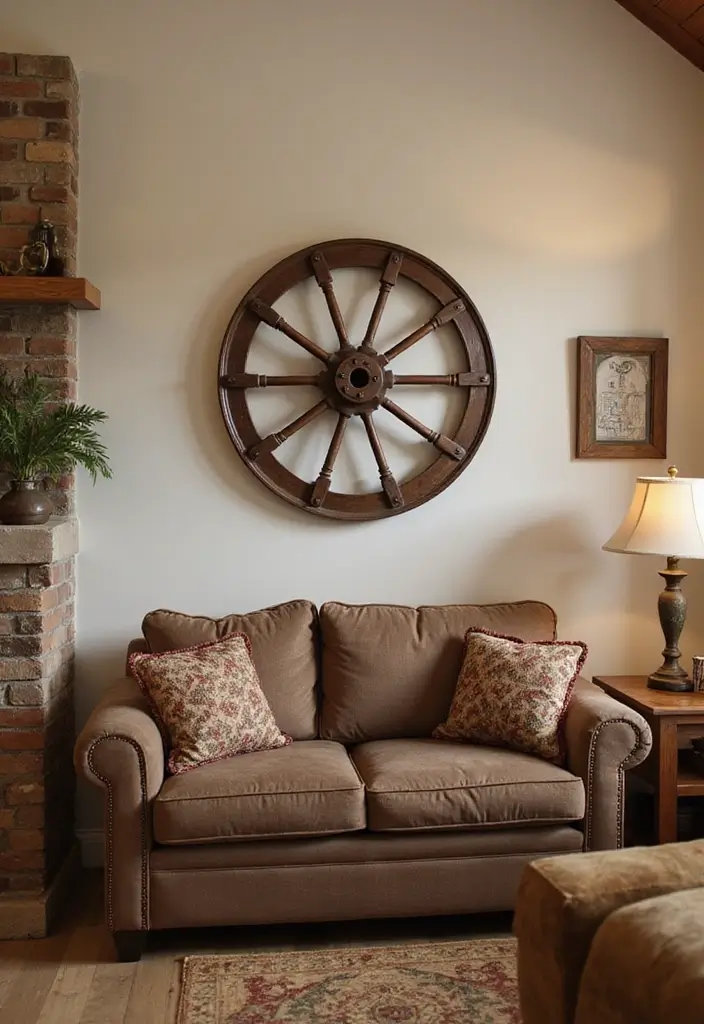 50 Western Living Room Decor Ideas with Rustic Charm - 15. Decorative Wagon Wheels for Charm