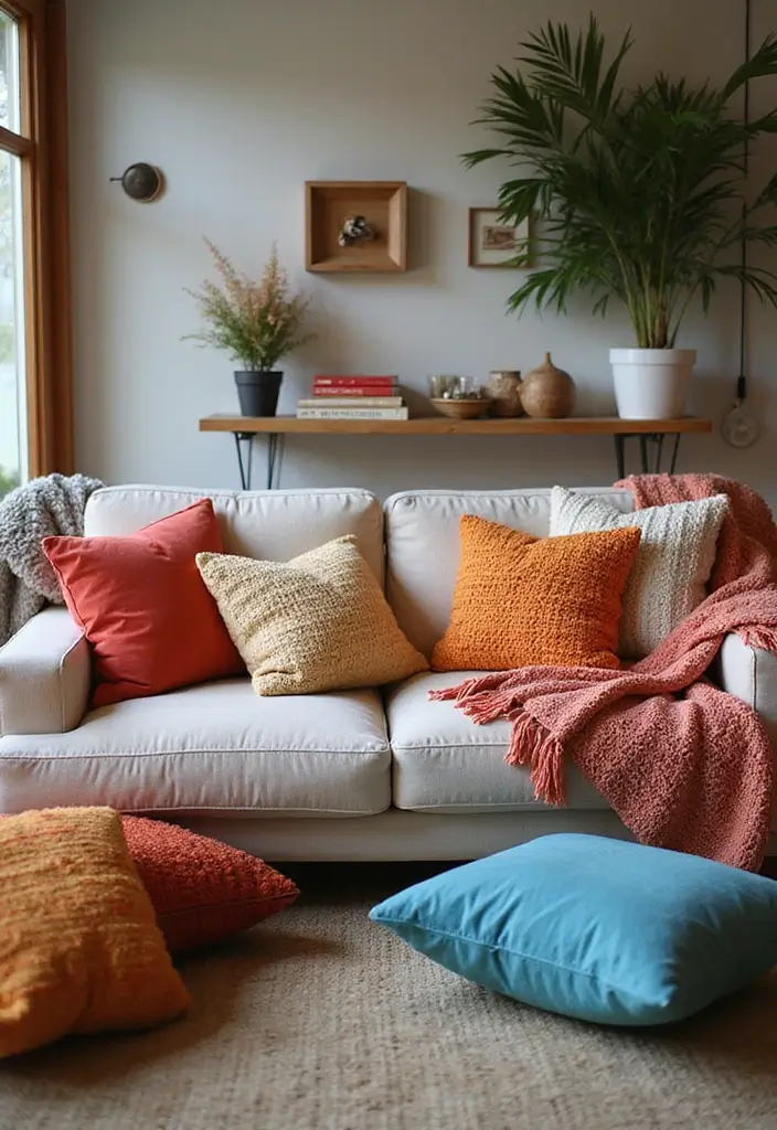 50 Western Living Room Decor Ideas with Rustic Charm - 18. Textured Pillows and Throws for Comfort