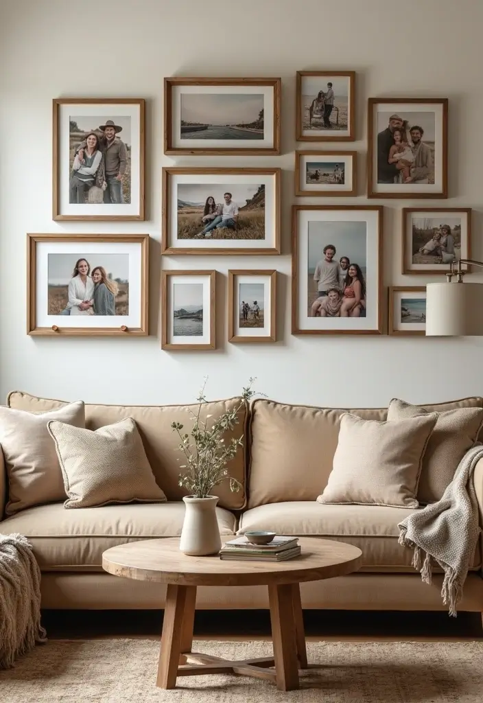 50 Western Living Room Decor Ideas with Rustic Charm - 20. Personal Touches Through Framed Photos