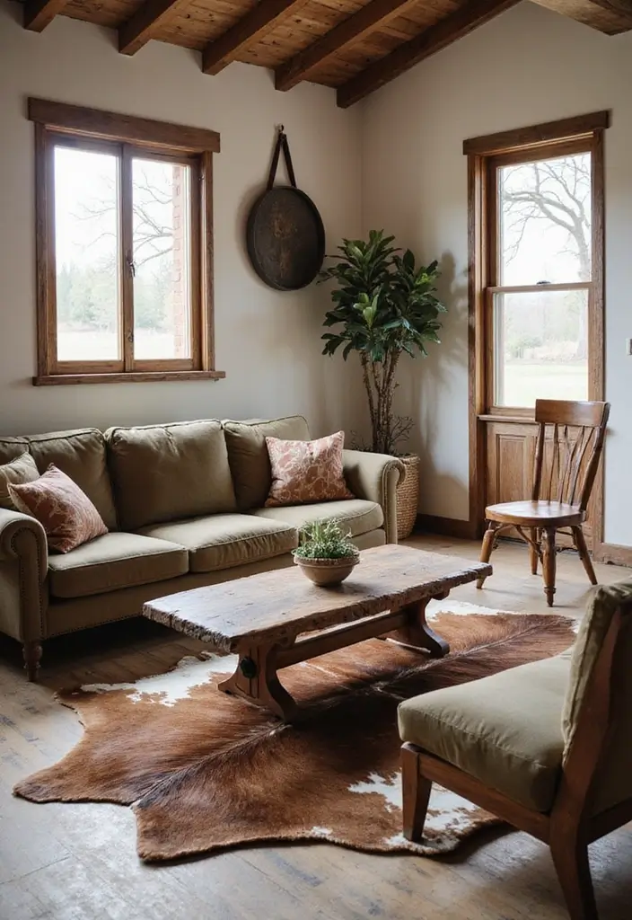 50 Western Living Room Decor Ideas with Rustic Charm - 24. Cowhide Rugs for Authentic Western Flair