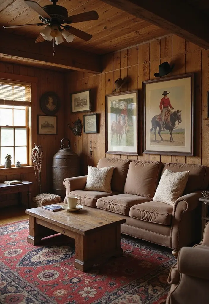 50 Western Living Room Decor Ideas with Rustic Charm - 3. Vintage Cowboy Decor for Character