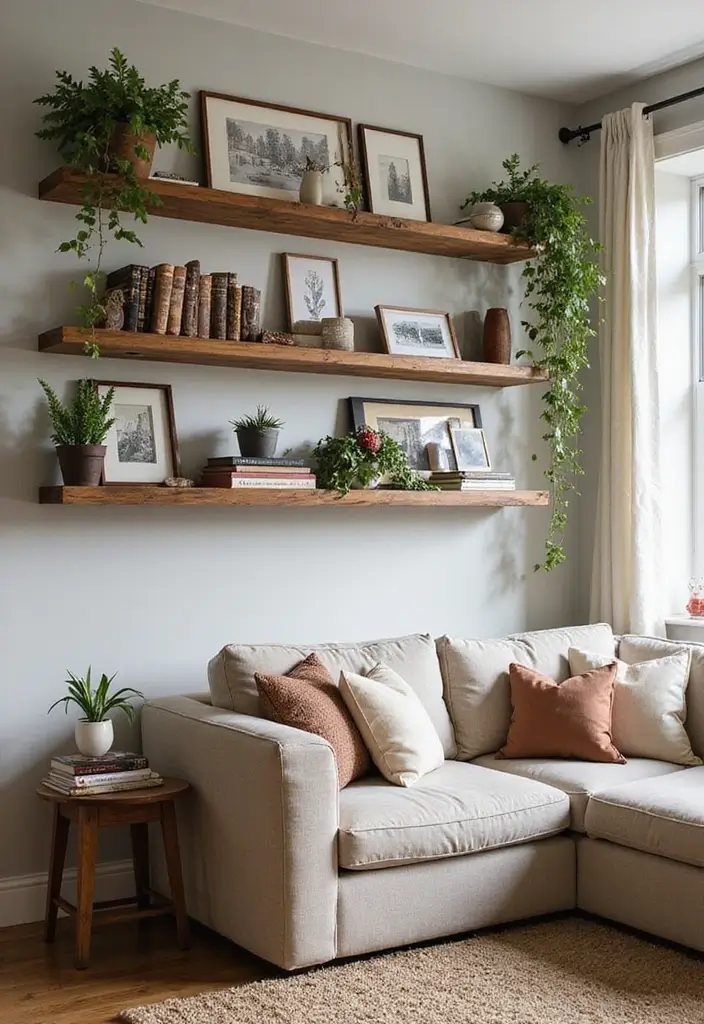 50 Western Living Room Decor Ideas with Rustic Charm - 32. Rustic Wall Shelves for Display