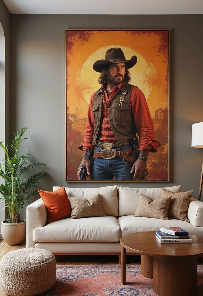 50 Western Living Room Decor Ideas with Rustic Charm - 37. Statement Art Pieces for Impact