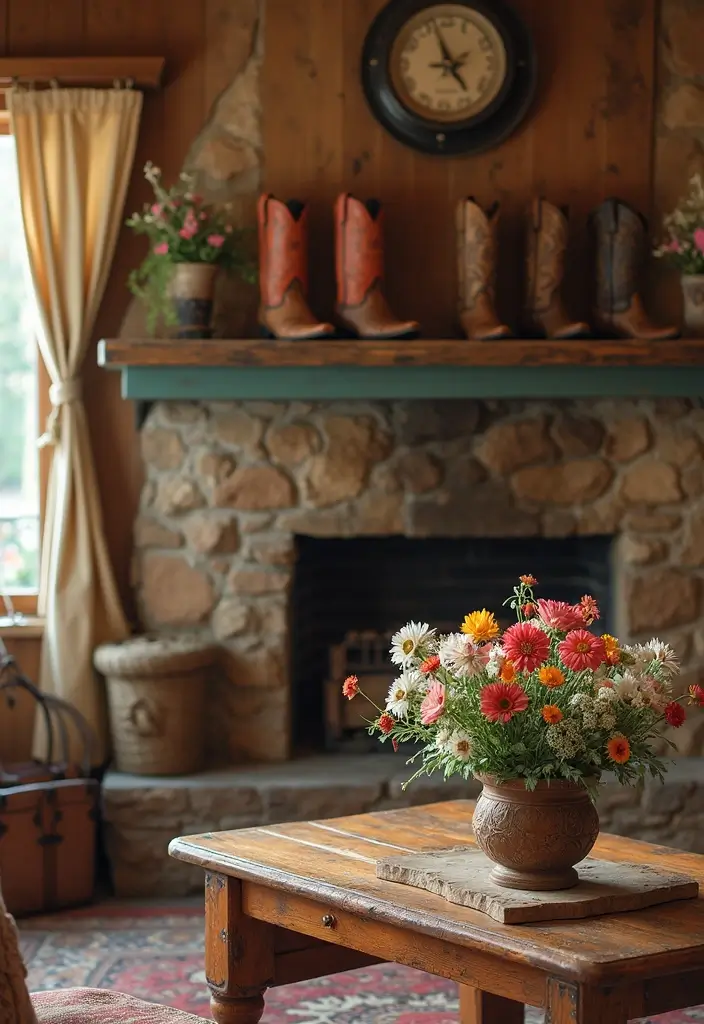 50 Western Living Room Decor Ideas with Rustic Charm - 6. Cowboy Boots as Unique Decor Items
