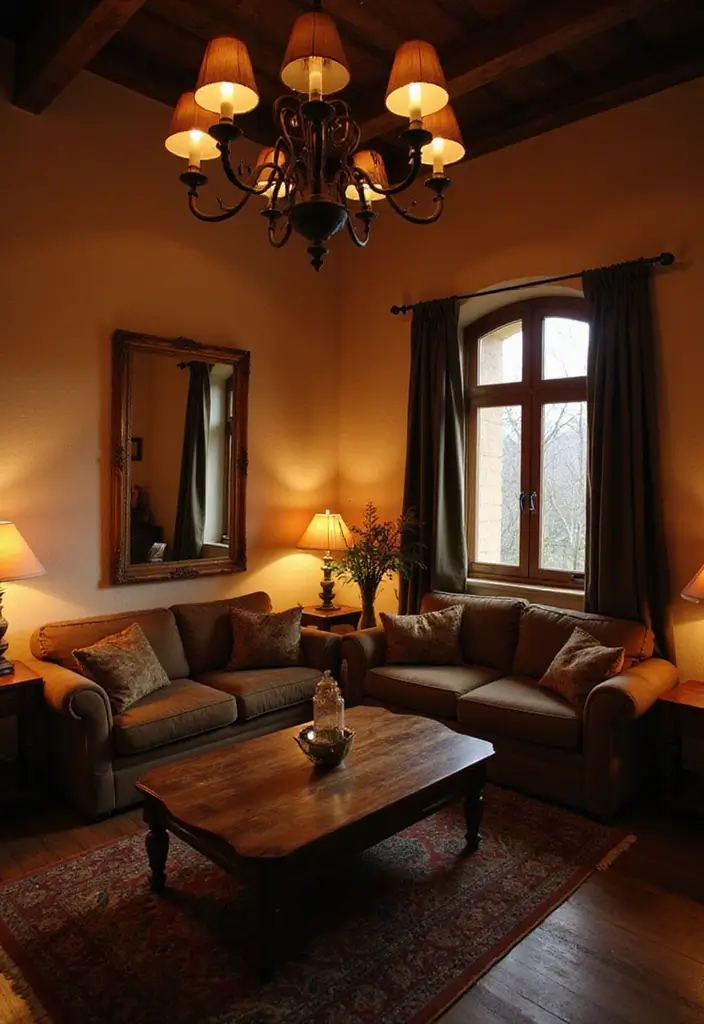 50 Western Living Room Decor Ideas with Rustic Charm - 7. Warm Lighting with Rustic Fixtures