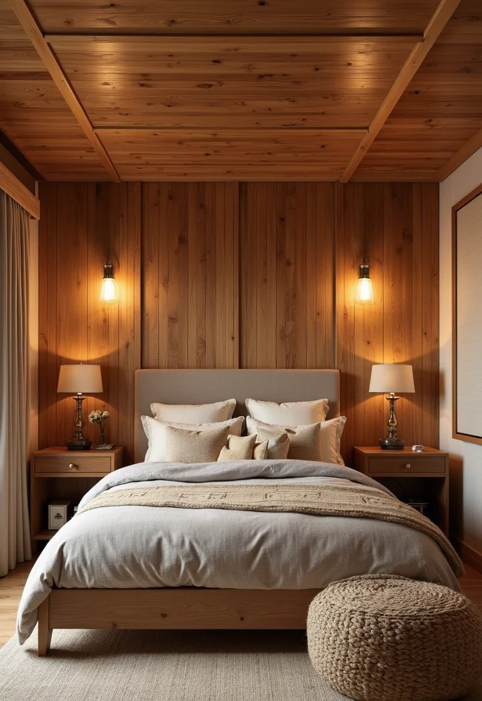 10 Basement Bedroom Ceiling Ideas for Bright Spacious Feel - 3. Wood Paneling for Warmth and Texture