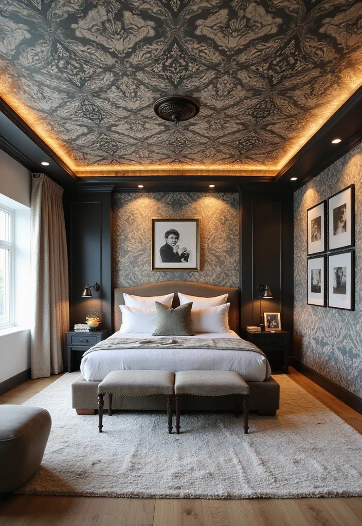 10 Basement Bedroom Ceiling Ideas for Bright Spacious Feel - 7. Wallpapered Ceilings for Bold Statements