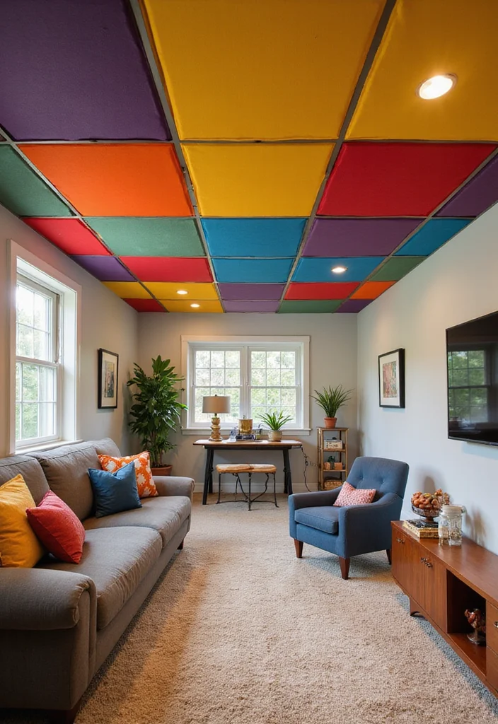 10 Basement Drop Ceiling Ideas for Clean Functional Coverage 4. Bold Color Panels