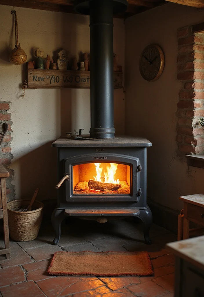 10 Cafe Wall Decor Ideas for Warm Inviting Ambience - 1. Rustic Wood-Burning Stove Artwork
