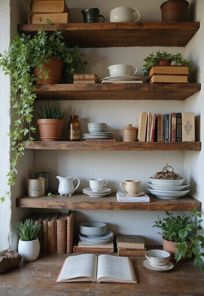 10 Cafe Wall Decor Ideas for Warm Inviting Ambience - 8. Rustic Wall Shelves with Personal Touches