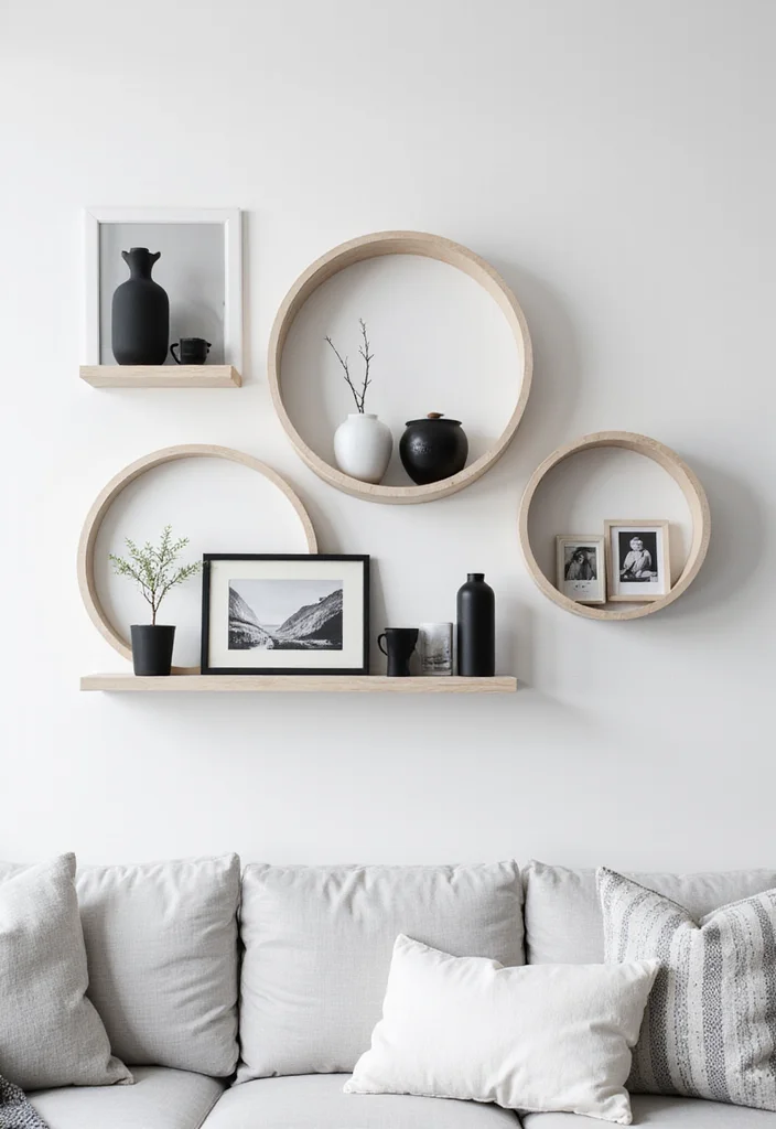 10 Circle Wall Shelf Decor Ideas for Simple Decorative Function - 2. Monochrome Magic