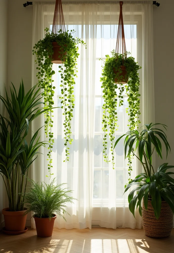 10 Green Wall Curtain Ideas for Natural Calm Interiors - 2. Hanging Plant Curtain