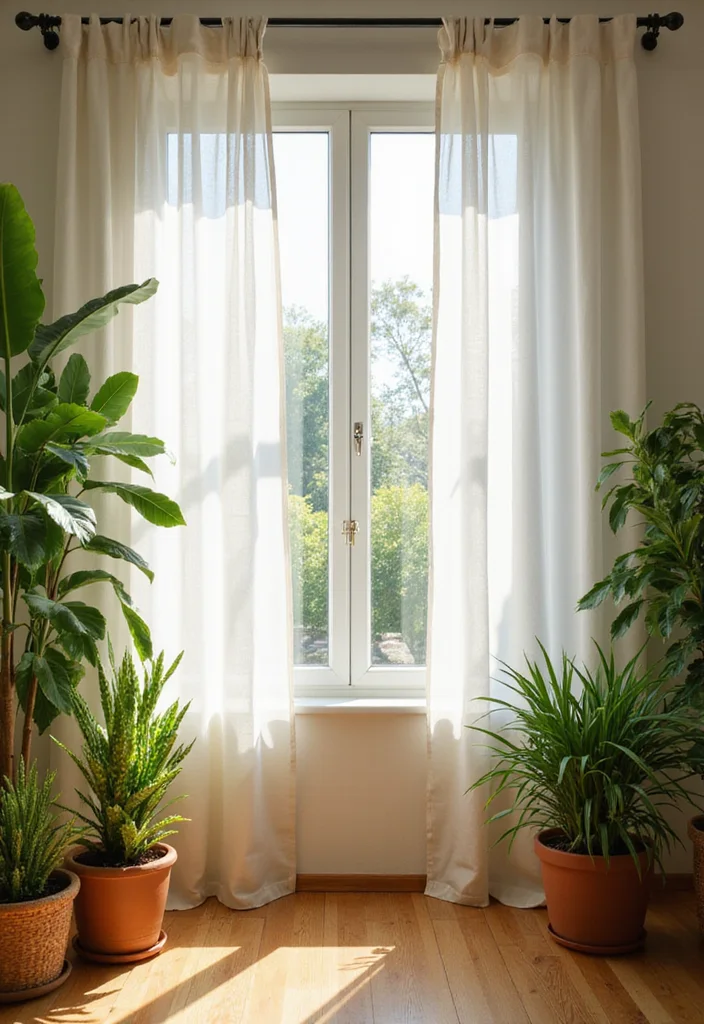 10 Green Wall Curtain Ideas for Natural Calm Interiors - 4. Sheer Natural Light Curtains with Greenery