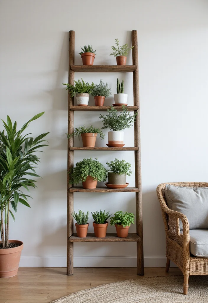 10 Green Wall Curtain Ideas for Natural Calm Interiors - 5. Ladder Plant Stand Curtain