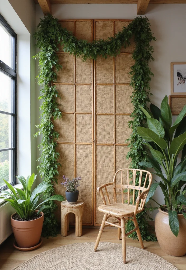 10 Green Wall Curtain Ideas for Natural Calm Interiors - 7. Rattan and Plant Hybrid Curtain