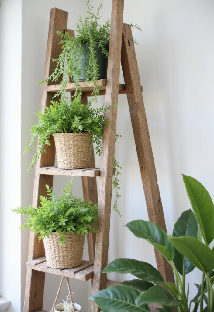 10 Ladder Wall Decor Ideas for Rustic Vertical Interest 12 10 Ladder Wall Decor Ideas for Rustic Vertical Interest - 2. Ladder as a Plant Hanger