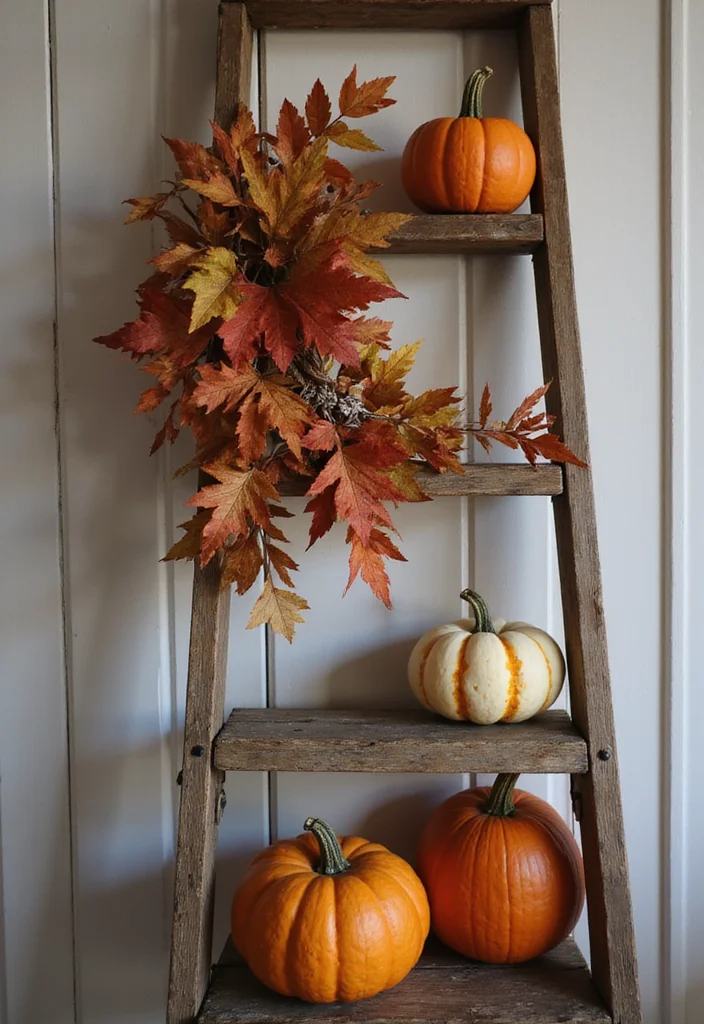10 Ladder Wall Decor Ideas for Rustic Vertical Interest 45 10 Ladder Wall Decor Ideas for Rustic Vertical Interest - 5. Seasonal Decor Ladder