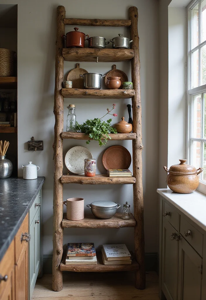 10 Ladder Wall Decor Ideas for Rustic Vertical Interest 67 10 Ladder Wall Decor Ideas for Rustic Vertical Interest - 7. Ladder for Kitchen Display