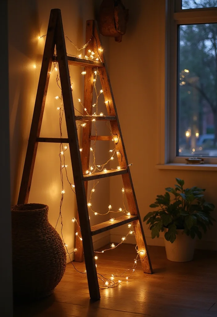 10 Ladder Wall Decor Ideas for Rustic Vertical Interest 78 10 Ladder Wall Decor Ideas for Rustic Vertical Interest - 8. Ladder with Fairy Lights