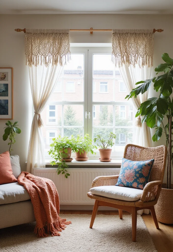 12 Apartment Curtain Ideas for Privacy and Space Efficiency 45 12 Apartment Curtain Ideas for Privacy and Space Efficiency - 5. Clip-On Macrame for Bohemian Charm