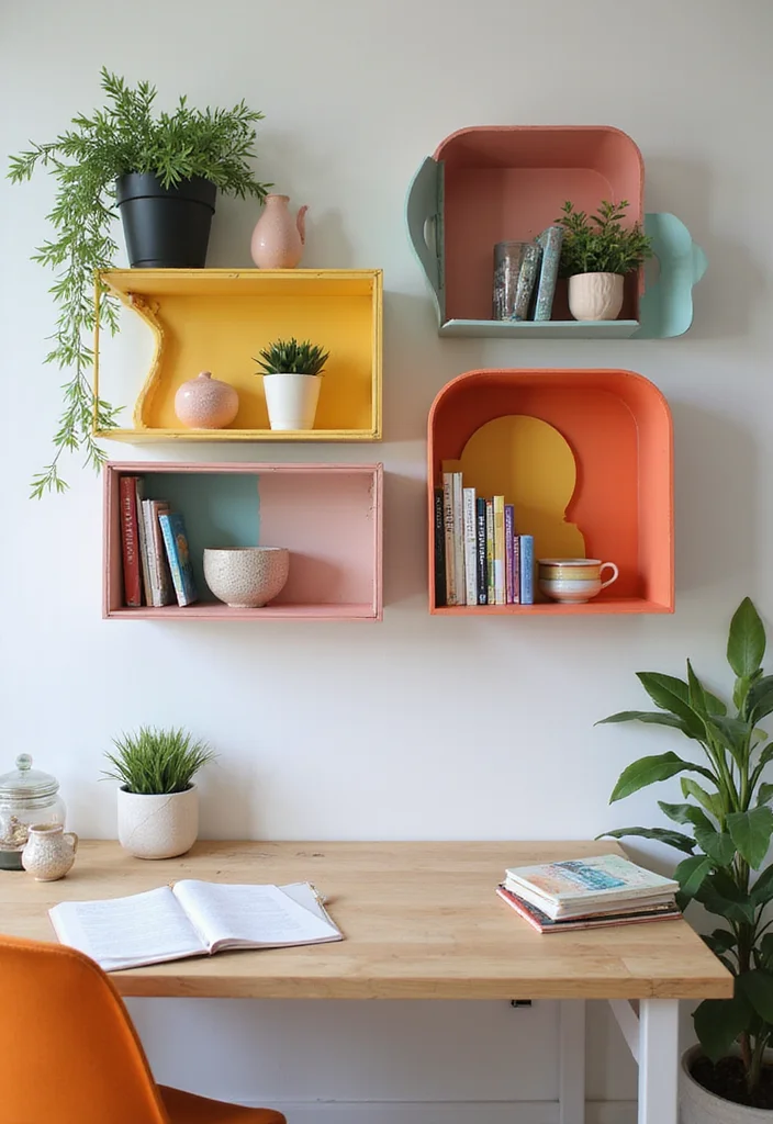 12 Cute Office Ideas for Soft Playful Work Vibes 89 12 Cute Office Ideas for Soft Playful Work Vibes - 9. Colorful Wall Shelves