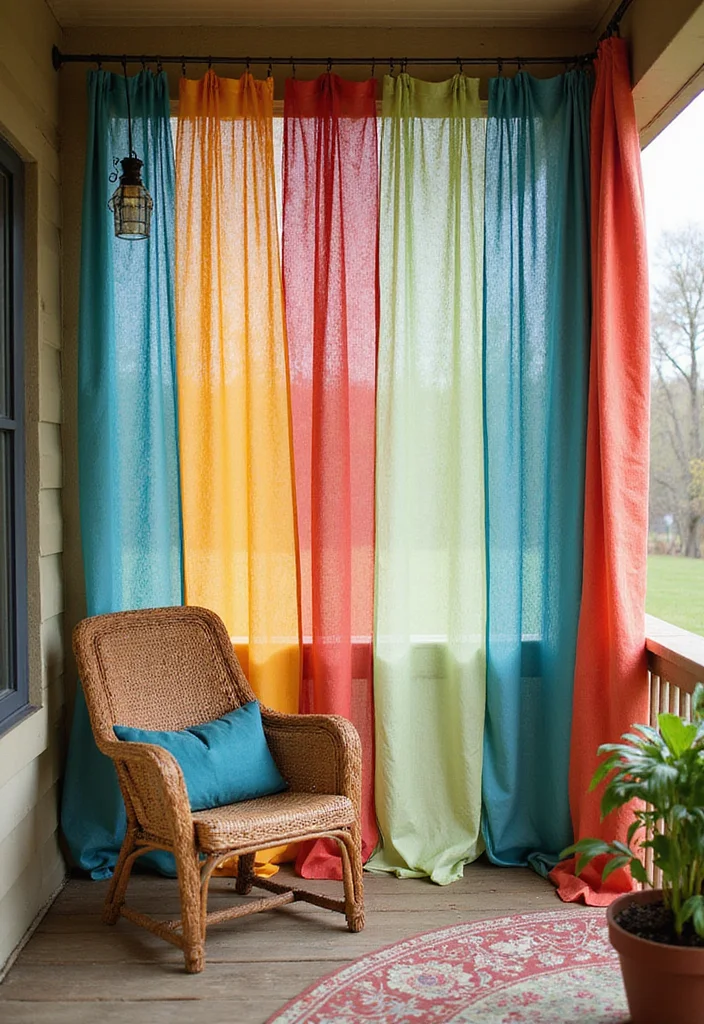 12 Enclosed Porch Curtain Ideas for Breezy Outdoor Comfort - 5. Colorful Recycled Fabric Curtains