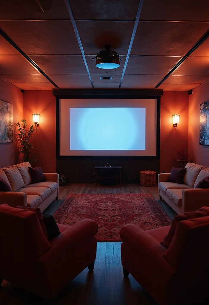 12 Game Room Basement Ideas for Fun Social Activity - 2. Cozy Movie & Game Lounge