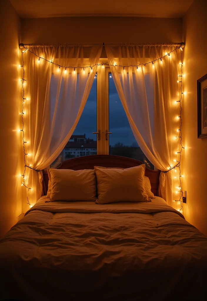 12 Guest Bedroom Wall Decor Ideas for Welcoming Soft Style - 11. Cozy String Lights