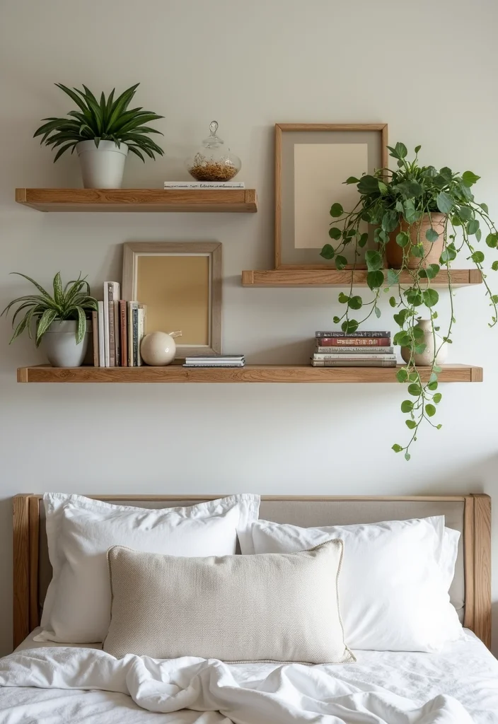 12 Guest Bedroom Wall Decor Ideas for Welcoming Soft Style - 7. Layered Wall Shelves