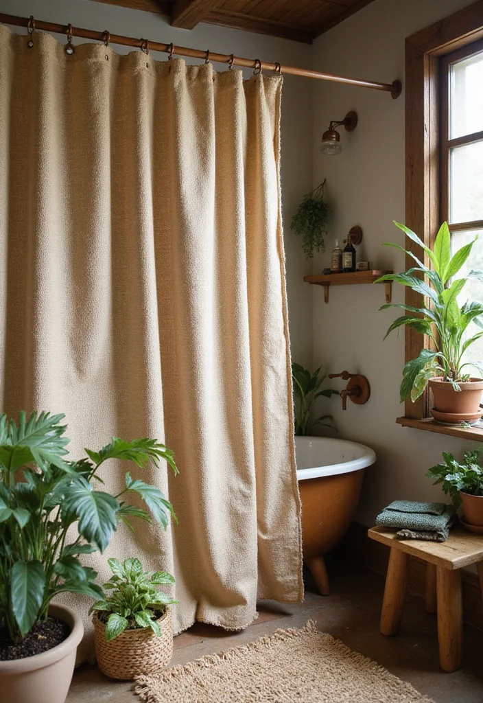 12 Hanging Shower Curtain Ideas for Clean Functional Design - 5. Jute and Hemp Harmony