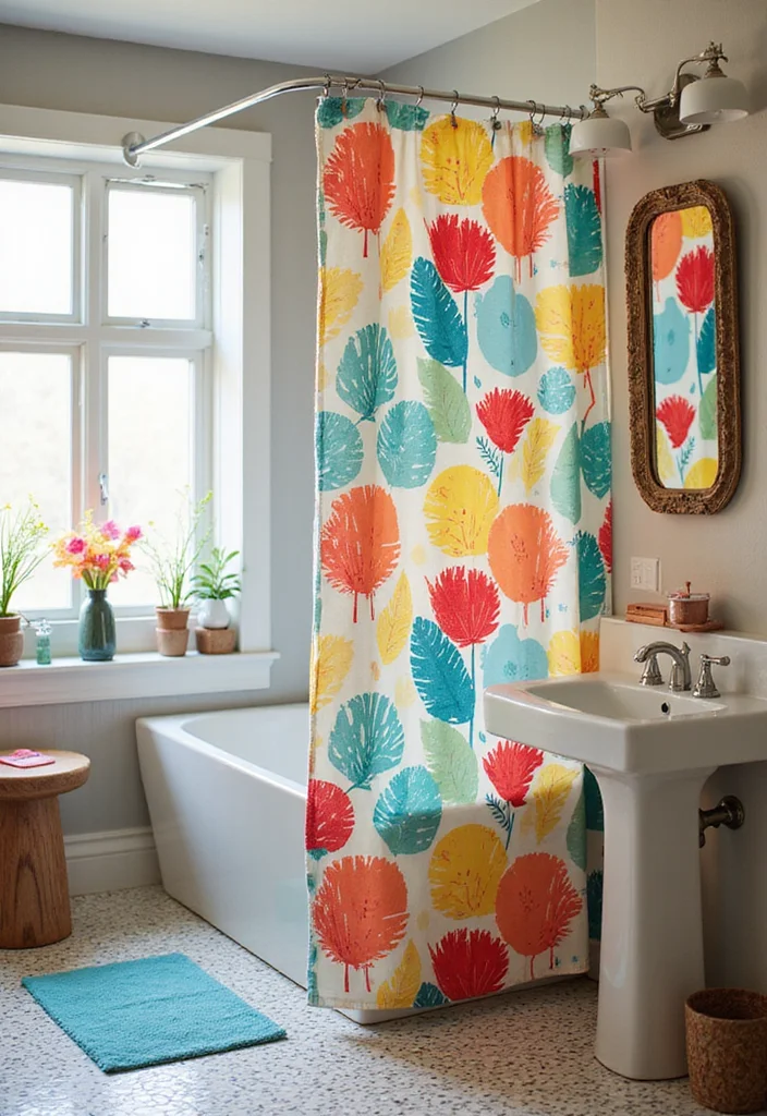 12 Hanging Shower Curtain Ideas for Clean Functional Design - 6. Colorful Canvas