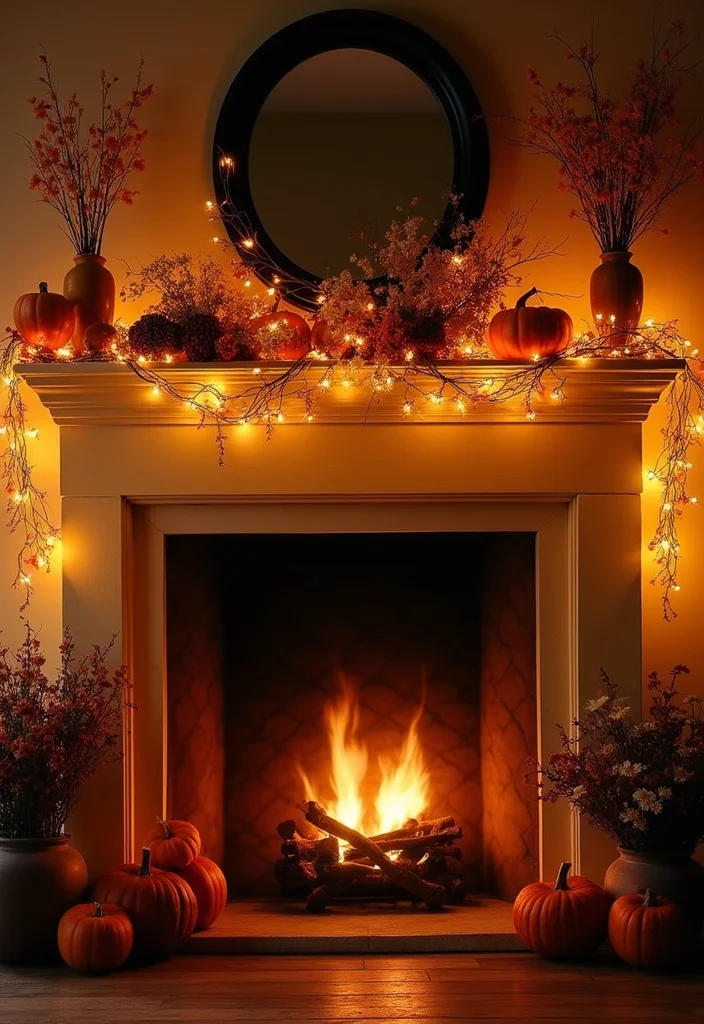 14 Fall Fireplace Mantel Decorating Ideas for Warm Seasonal Charm 78 14 Fall Fireplace Mantel Decorating Ideas for Warm Seasonal Charm 8. Twinkling Fairy Lights