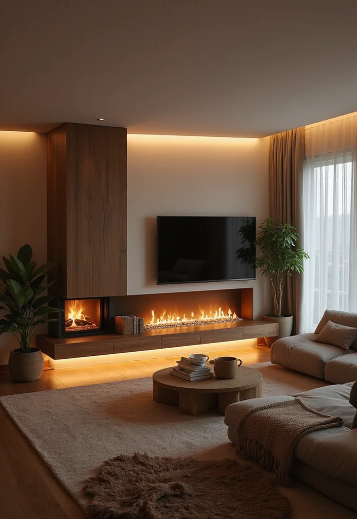 14 Fireplace and TV Ideas for Clean Practical Layouts - 13. Soft Lighting Accentuations