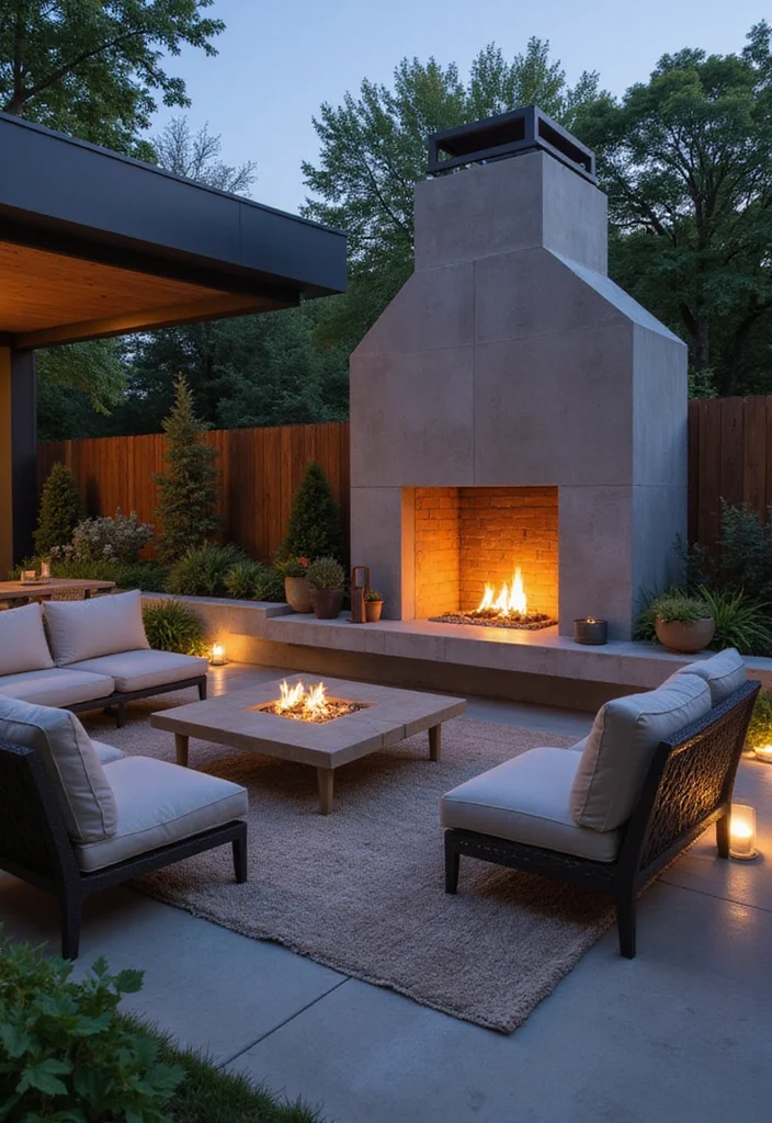 14 Outdoor Patio Ideas With Fireplace for Cozy Night Gatherings 1 14 Outdoor Patio Ideas With Fireplace for Cozy Night Gatherings 1. Minimalist Concrete Fireplace