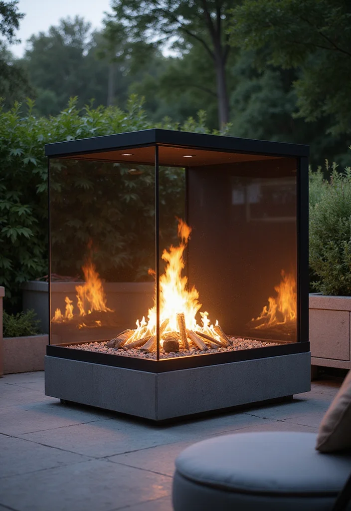 14 Outdoor Patio Ideas With Fireplace for Cozy Night Gatherings 23 14 Outdoor Patio Ideas With Fireplace for Cozy Night Gatherings 3. Glass Enclosed Fireplace