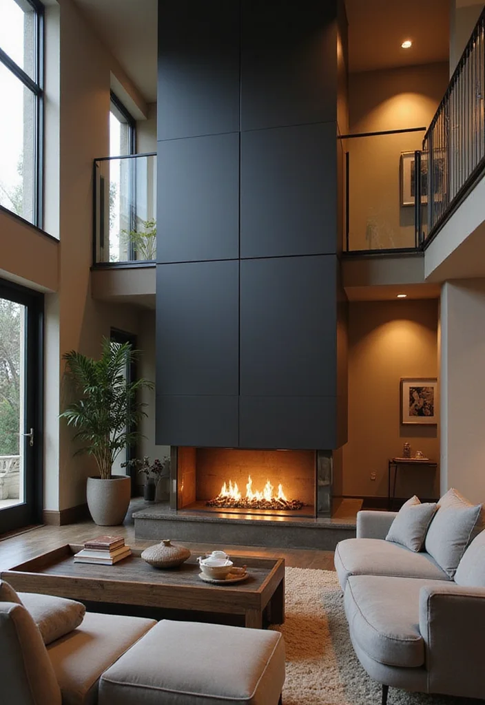16 Two Story Fireplace Ideas for Dramatic Vertical Presence - 10. Contemporary Glass Enclosure