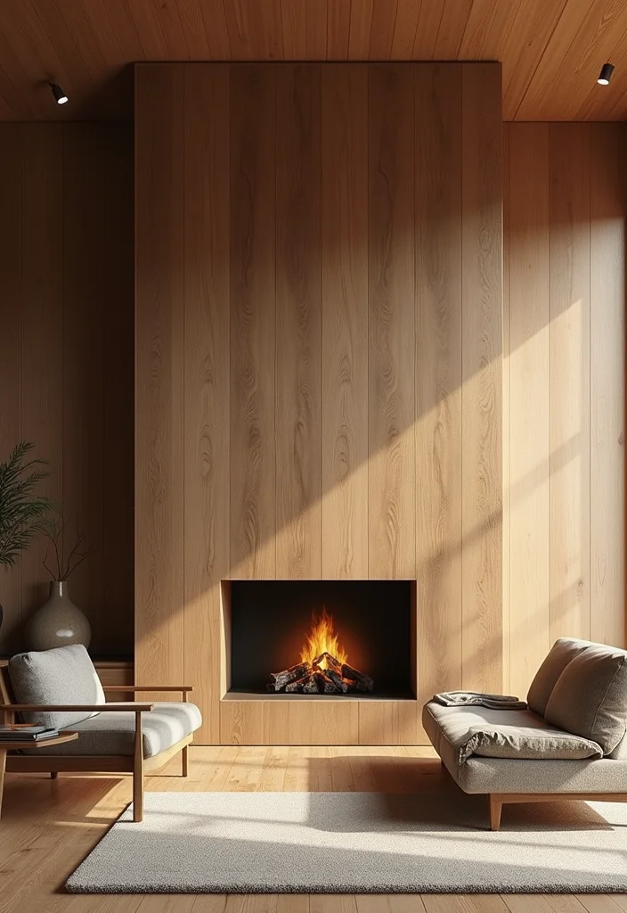 16 Two Story Fireplace Ideas for Dramatic Vertical Presence - 11. Artistic Wood Paneling