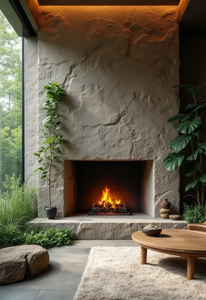 16 Two Story Fireplace Ideas for Dramatic Vertical Presence - 13. Nature-Inspired Elements