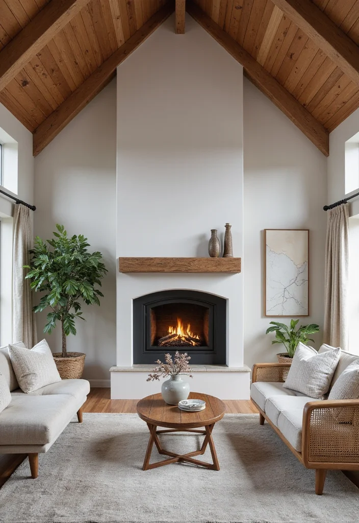 16 Two Story Fireplace Ideas for Dramatic Vertical Presence - 3. Warm Wood Beams