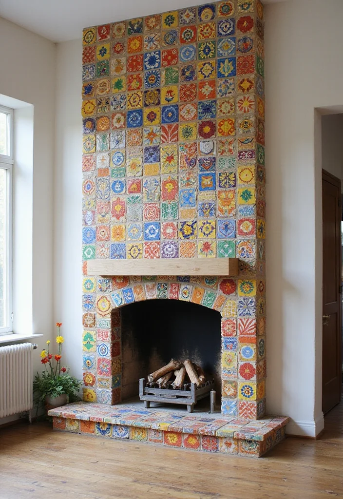 16 Two Story Fireplace Ideas for Dramatic Vertical Presence - 4. Playful Tile Patterns