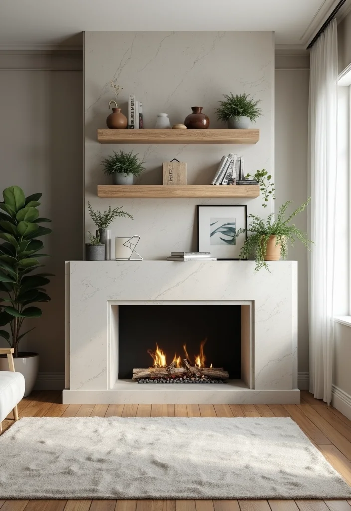 16 Two Story Fireplace Ideas for Dramatic Vertical Presence - 8. Floating Shelves