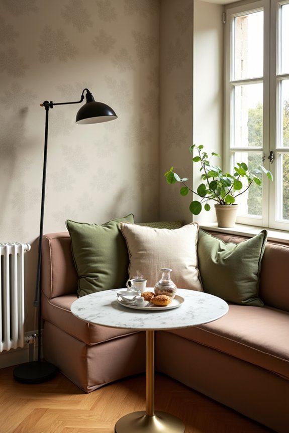 corner banquette round table cozy lighting